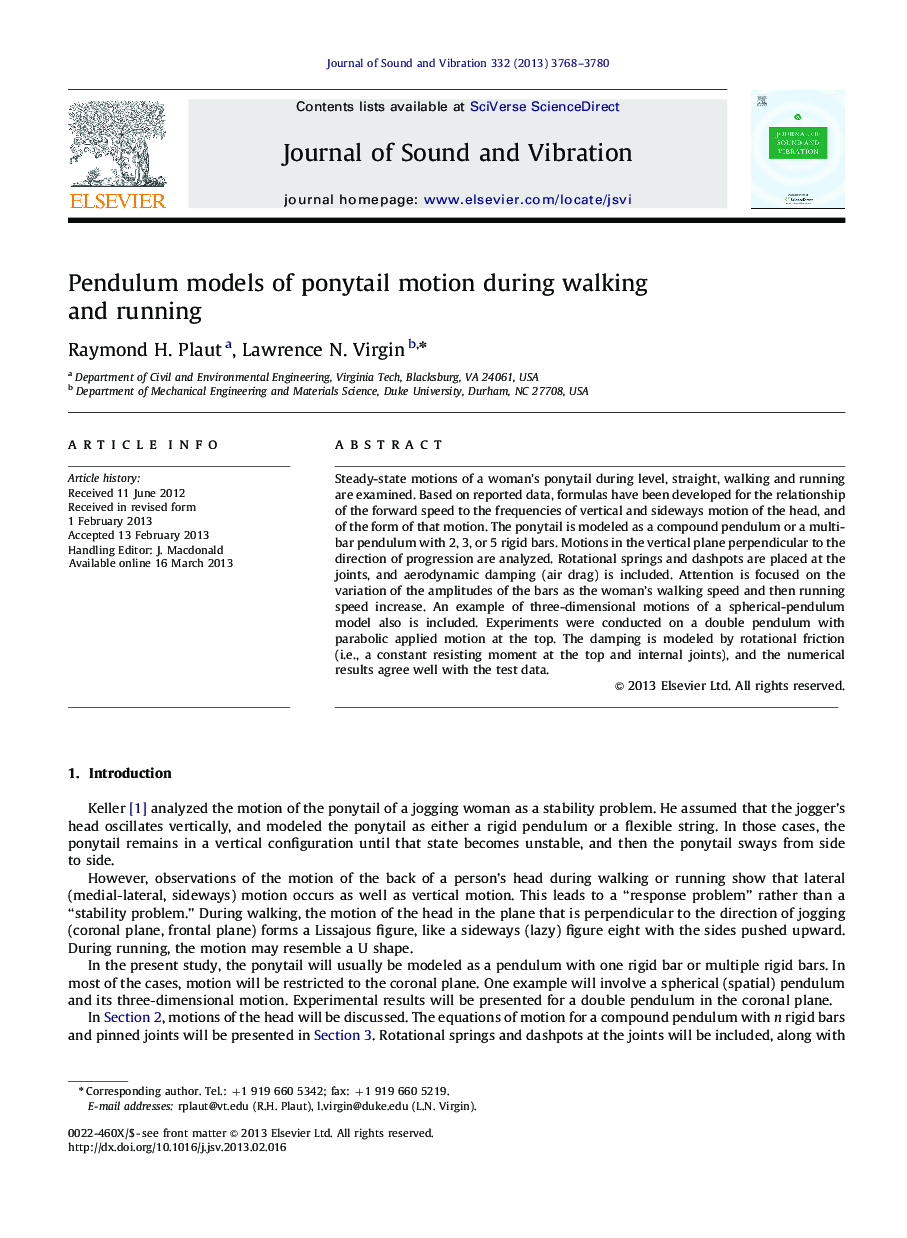 Pendulum models of ponytail motion during walking and running