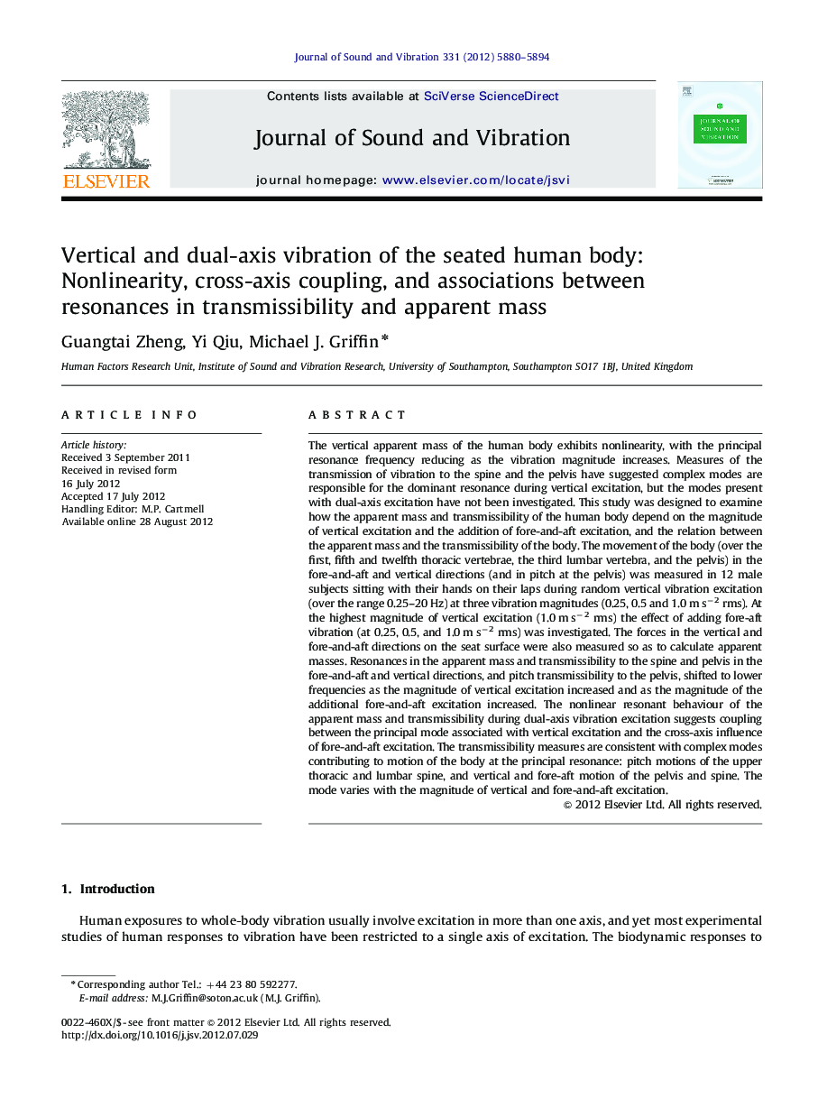 Vertical and dual-axis vibration of the seated human body: Nonlinearity, cross-axis coupling, and associations between resonances in transmissibility and apparent mass