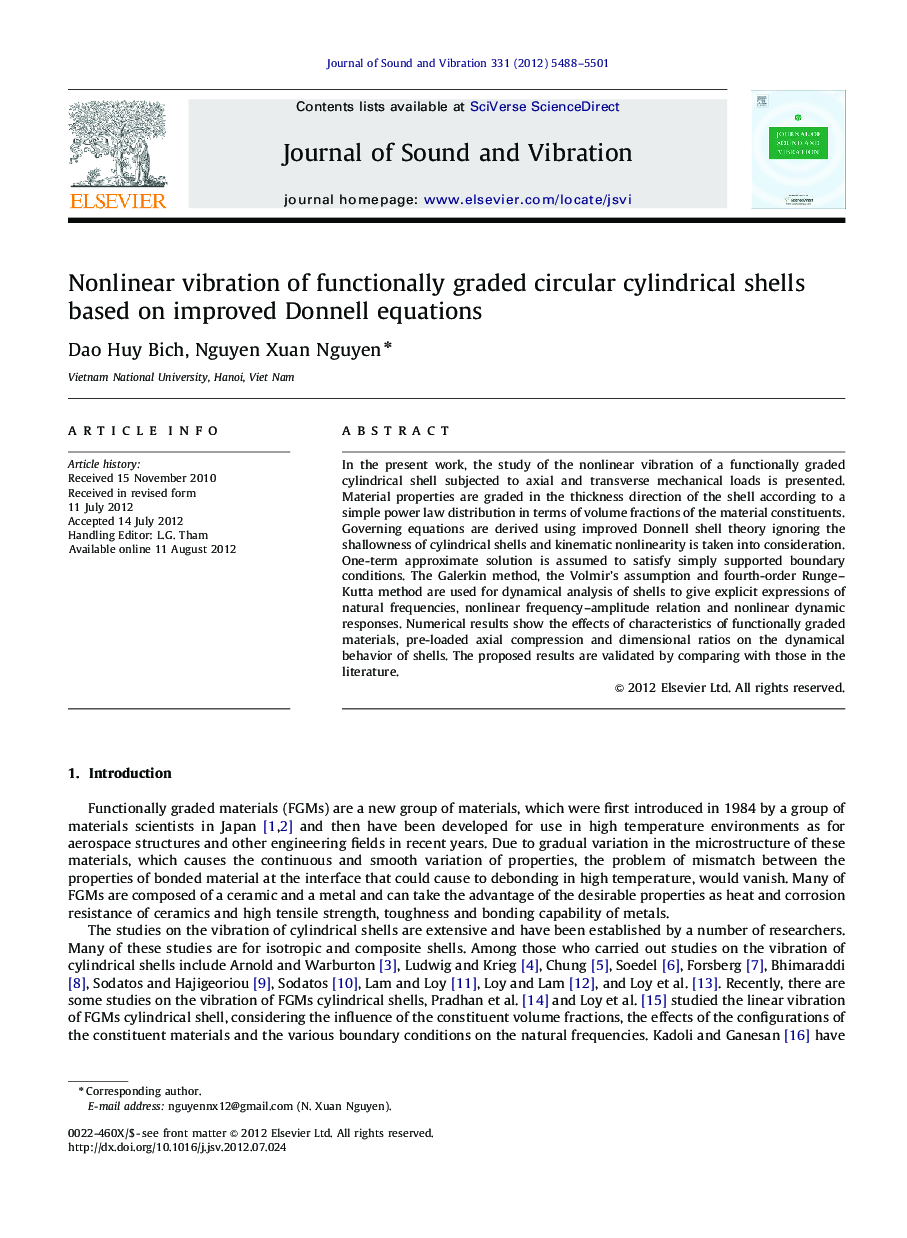 Nonlinear vibration of functionally graded circular cylindrical shells based on improved Donnell equations