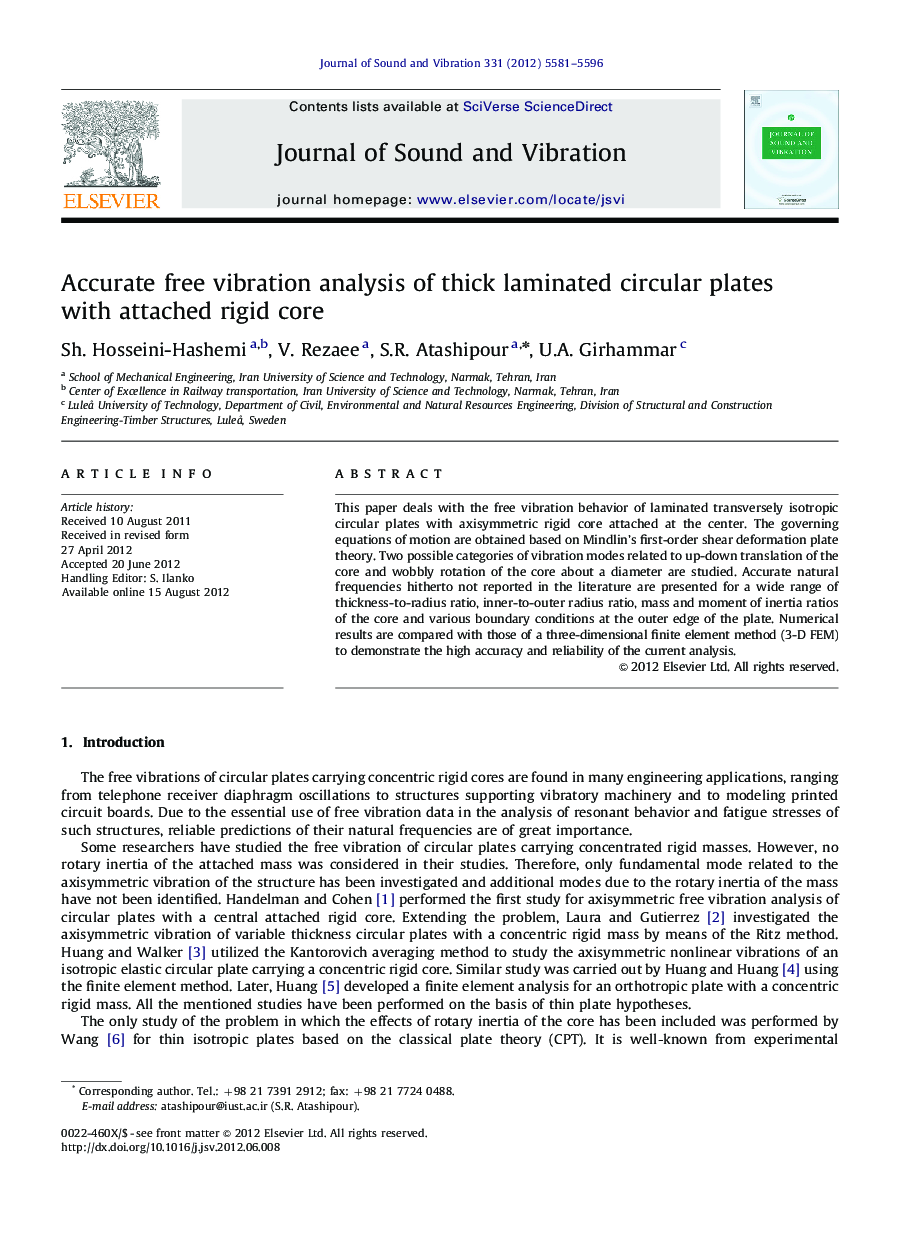 Accurate free vibration analysis of thick laminated circular plates with attached rigid core