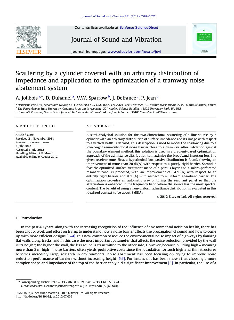 Scattering by a cylinder covered with an arbitrary distribution of impedance and application to the optimization of a tramway noise abatement system