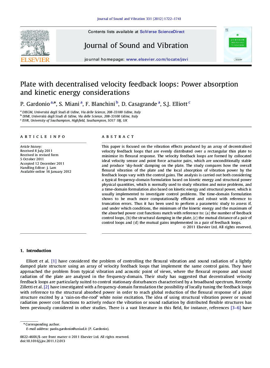 Plate with decentralised velocity feedback loops: Power absorption and kinetic energy considerations