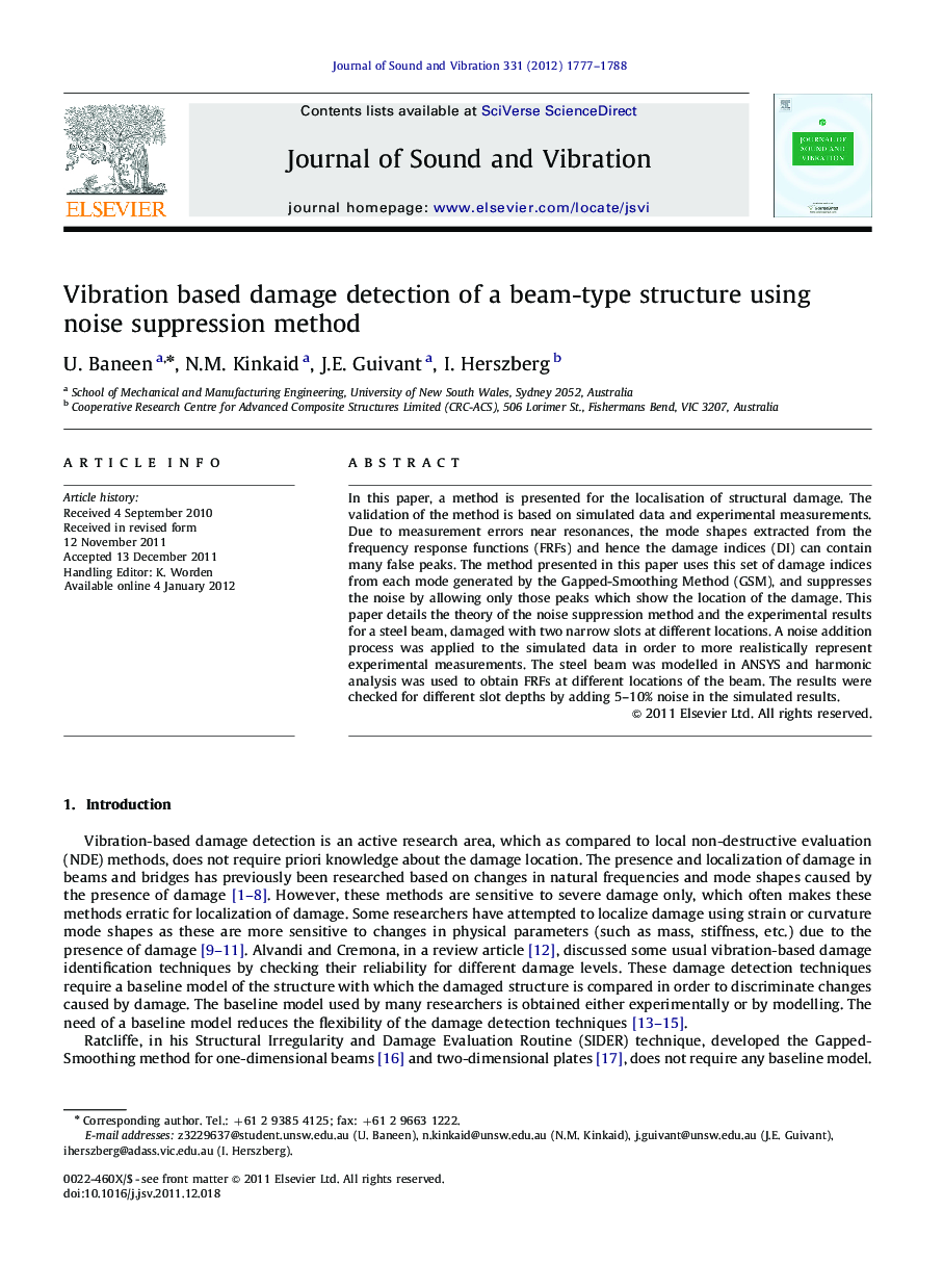 Vibration based damage detection of a beam-type structure using noise suppression method