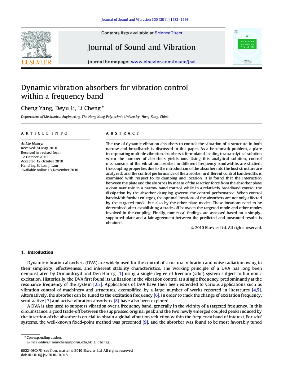 عکس صفحه اول مقاله: Dynamic vibration absorbers for vibration control within a frequency band Dynamic vibration absorbers for vibration control within a frequency band