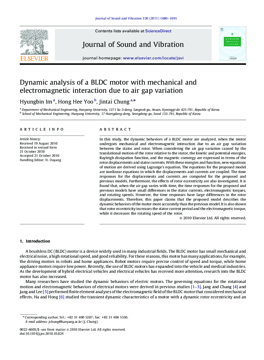 عکس صفحه اول مقاله: Dynamic analysis of a BLDC motor with mechanical and electromagnetic interaction due to air gap variation Dynamic analysis of a BLDC motor with mechanical and electromagnetic interaction due to air gap variation