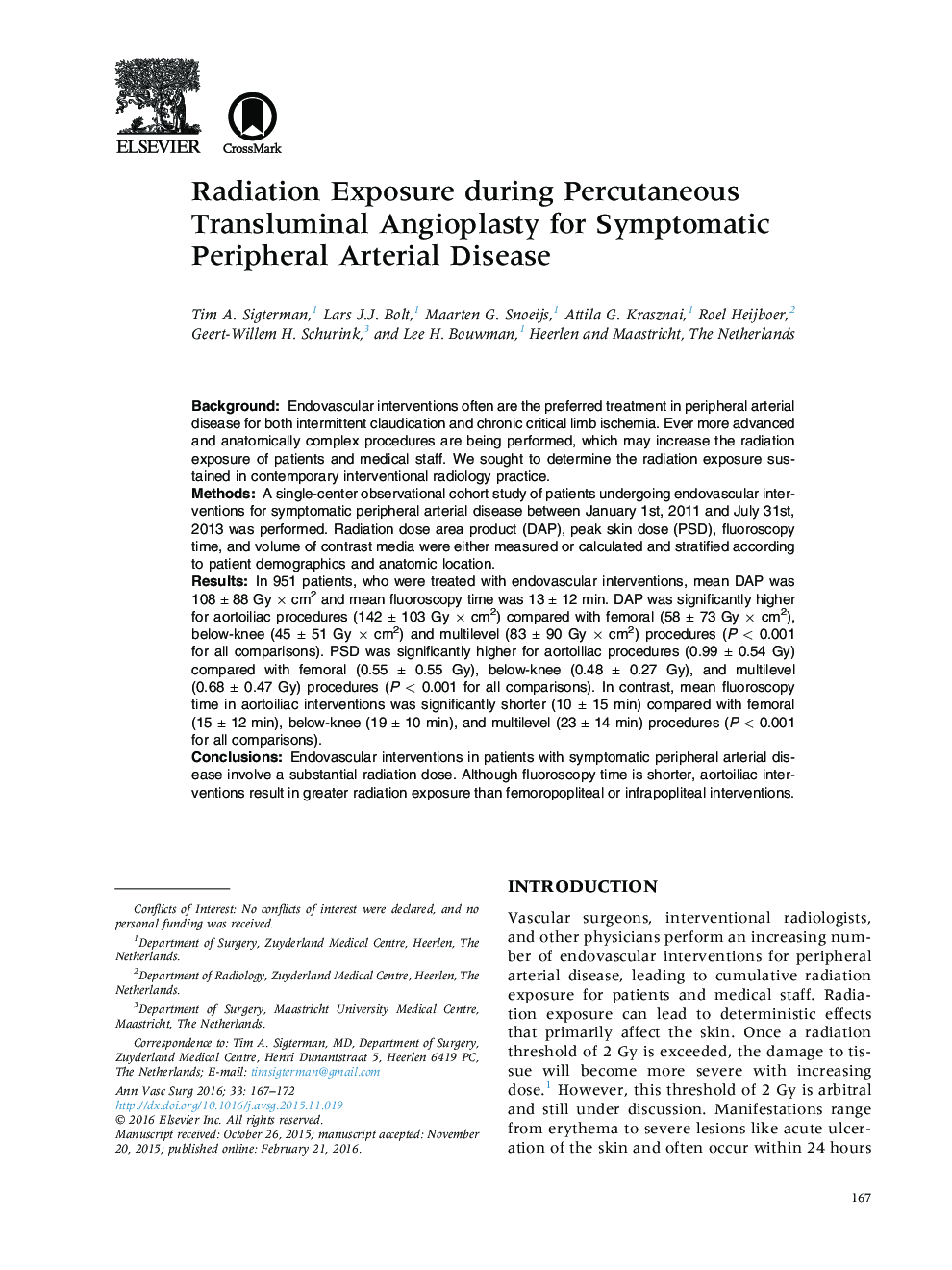 Radiation Exposure during Percutaneous Transluminal Angioplasty for Symptomatic Peripheral Arterial Disease 