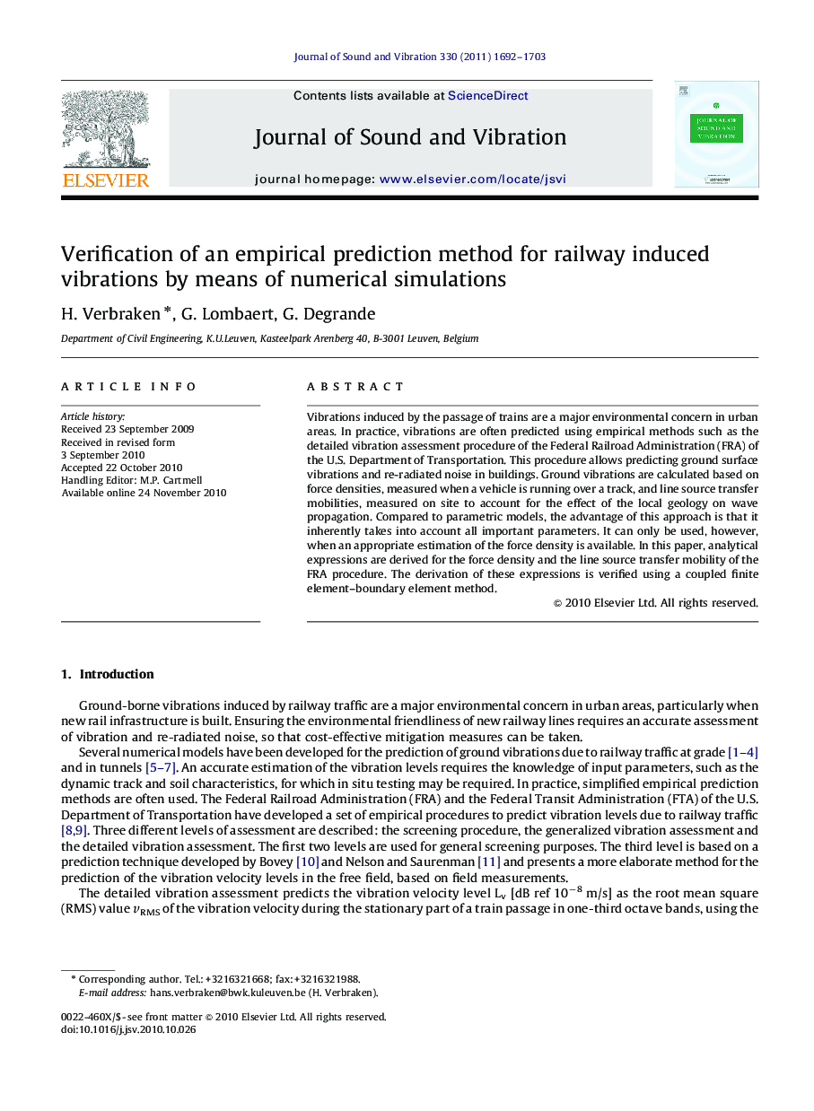 عکس صفحه اول مقاله: Verification of an empirical prediction method for railway induced vibrations by means of numerical simulations Verification of an empirical prediction method for railway induced vibrations by means of numerical simulations