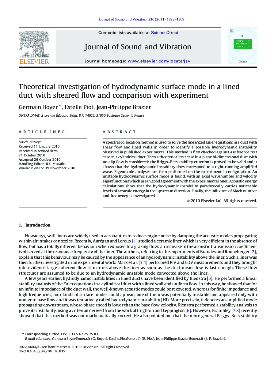 عکس صفحه اول مقاله: Theoretical investigation of hydrodynamic surface mode in a lined duct with sheared flow and comparison with experiment Theoretical investigation of hydrodynamic surface mode in a lined duct with sheared flow and comparison with experiment