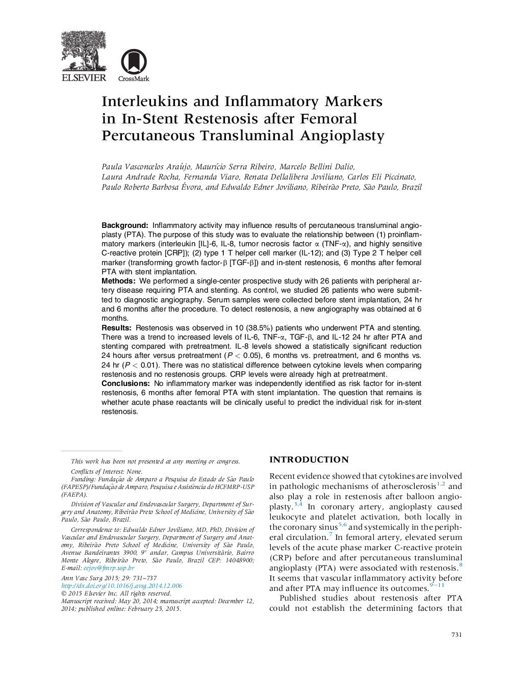 اینترلوکین ها و نشانگرهای التهابی در استنست استون پس از آنژیوپلاستی پروتئومنتیک فمورال 