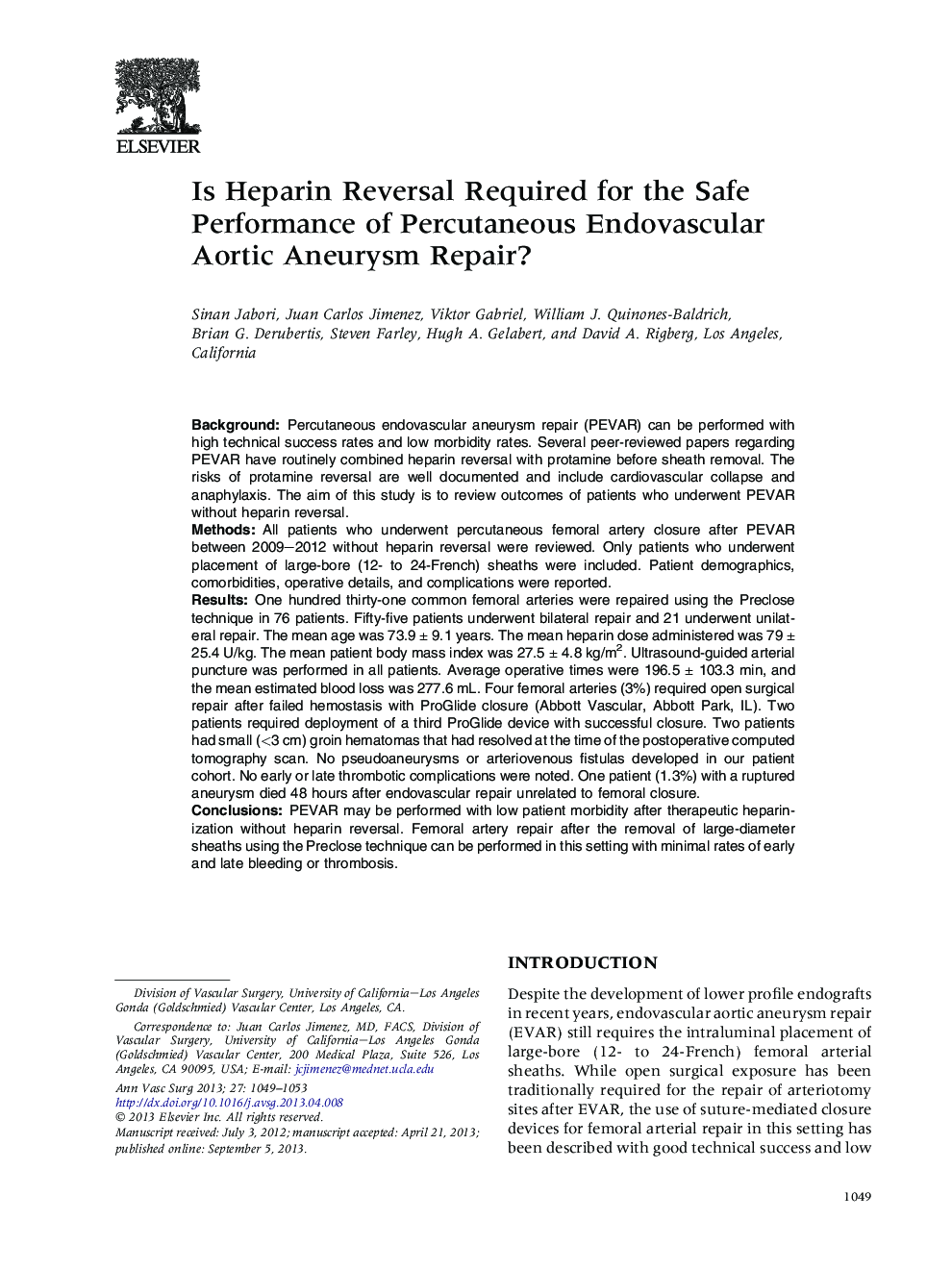 Is Heparin Reversal Required for the Safe Performance of Percutaneous Endovascular Aortic Aneurysm Repair?