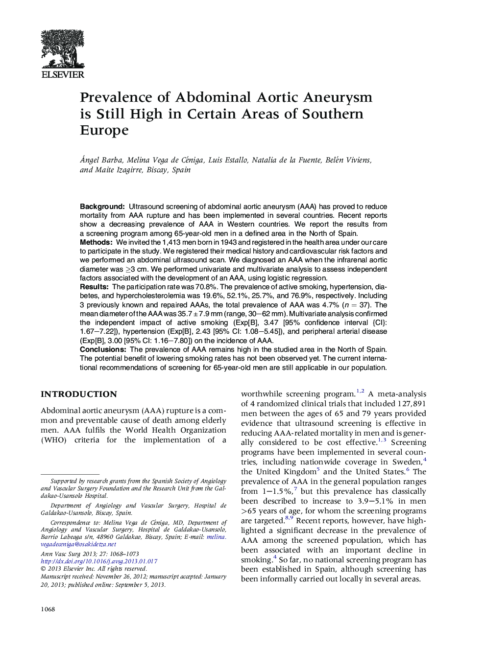 Prevalence of Abdominal Aortic Aneurysm is Still High in Certain Areas of Southern Europe
