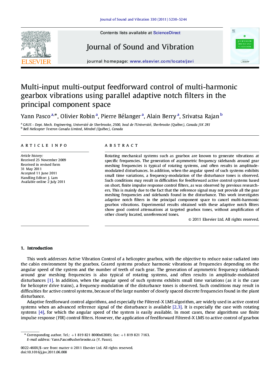 Multi-input multi-output feedforward control of multi-harmonic gearbox vibrations using parallel adaptive notch filters in the principal component space