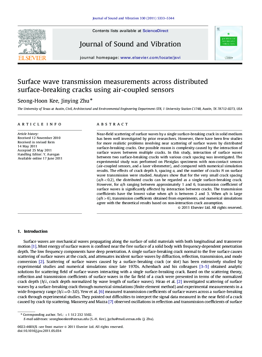 Surface wave transmission measurements across distributed surface-breaking cracks using air-coupled sensors