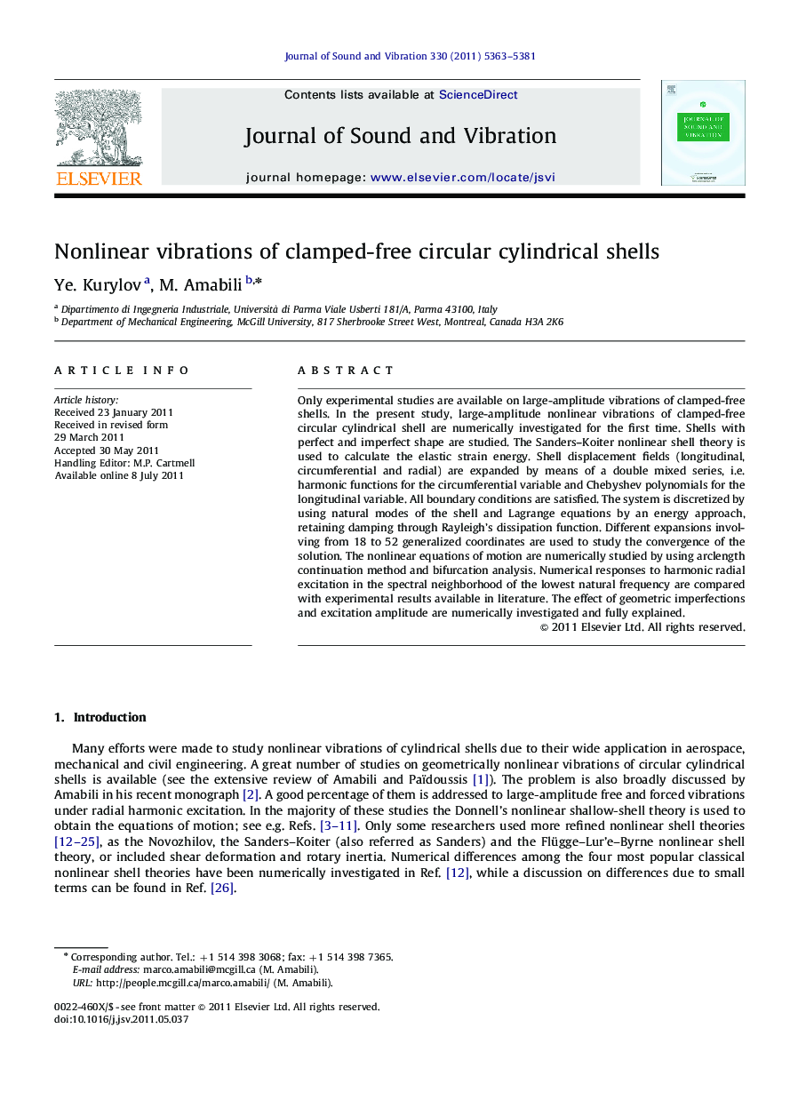 Nonlinear vibrations of clamped-free circular cylindrical shells