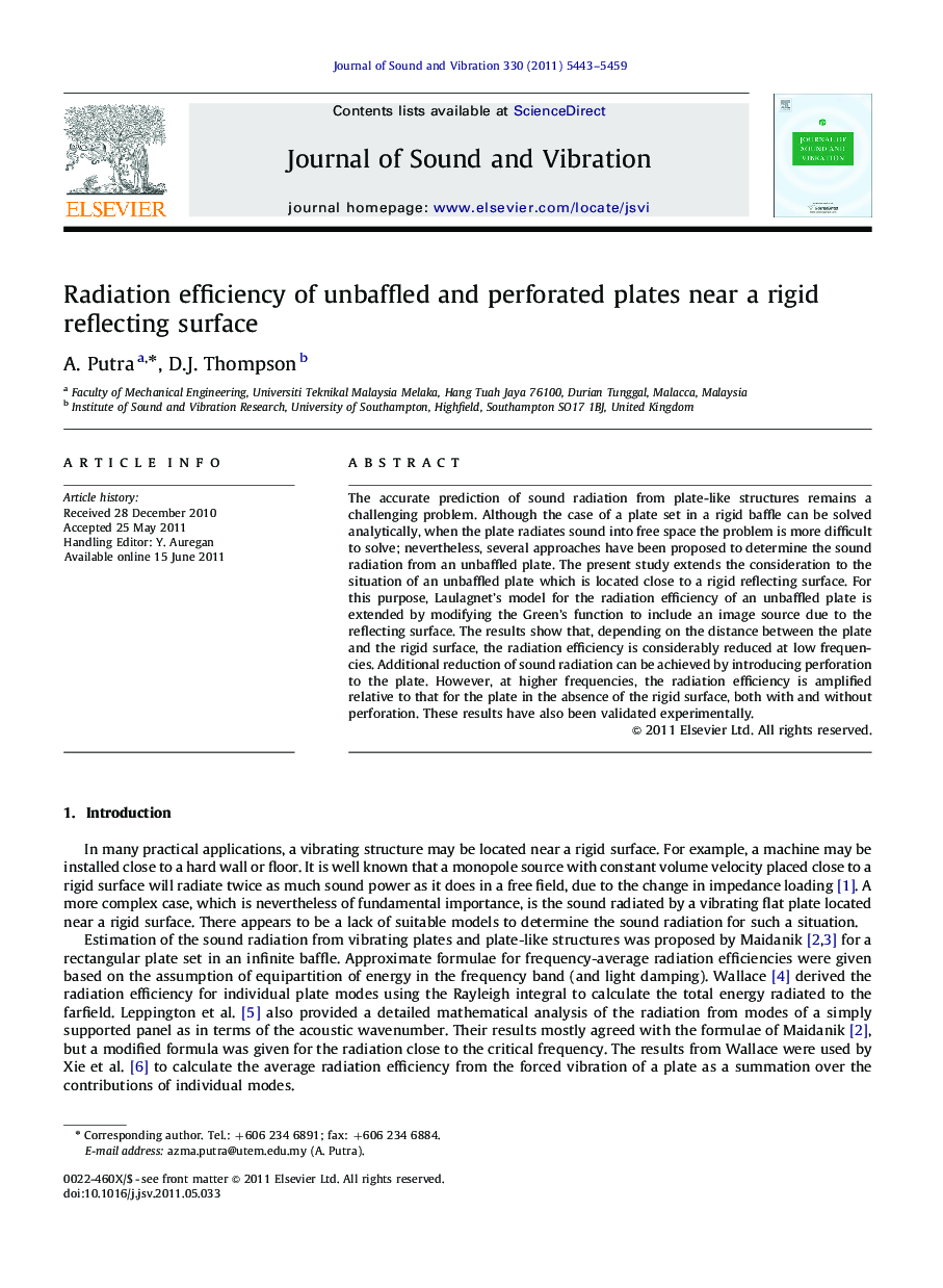 Radiation efficiency of unbaffled and perforated plates near a rigid reflecting surface