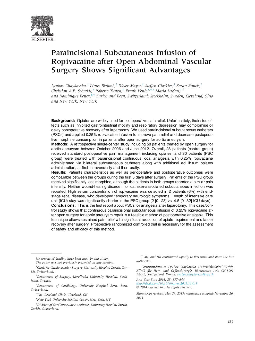 Paraincisional Subcutaneous Infusion of Ropivacaine after Open Abdominal Vascular Surgery Shows Significant Advantages 