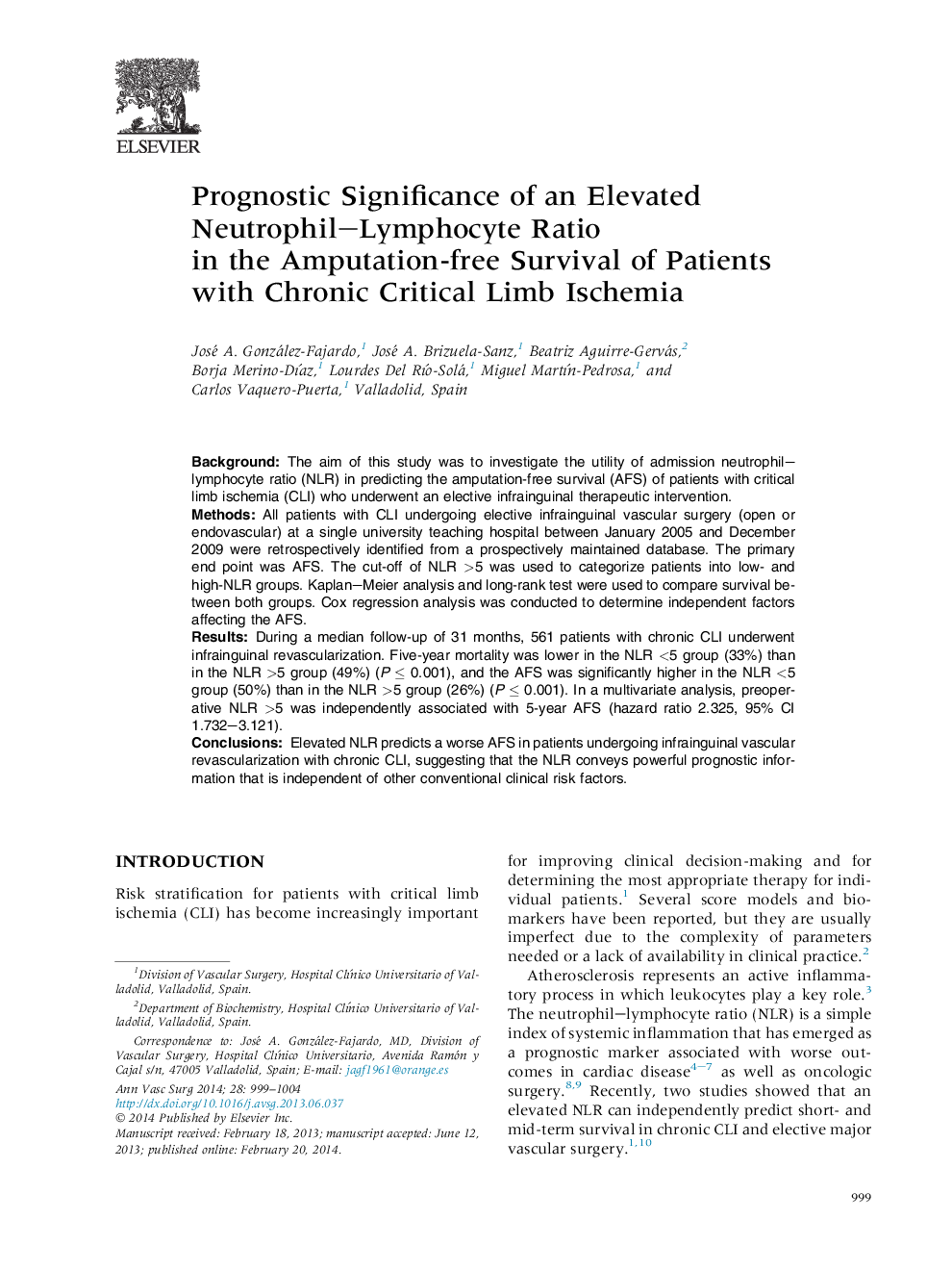 Prognostic Significance of an Elevated Neutrophil–Lymphocyte Ratio in the Amputation-free Survival of Patients with Chronic Critical Limb Ischemia