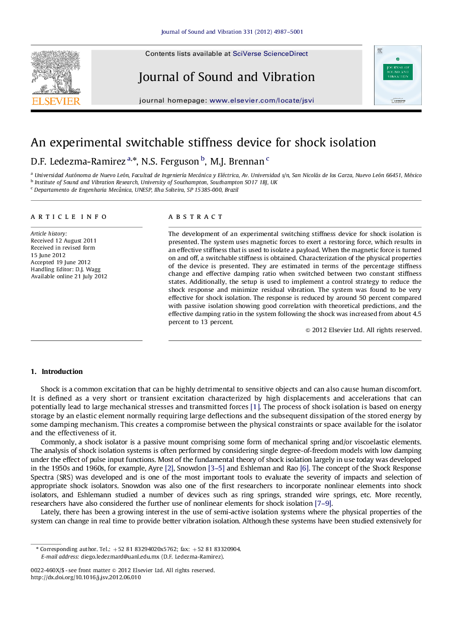 An experimental switchable stiffness device for shock isolation