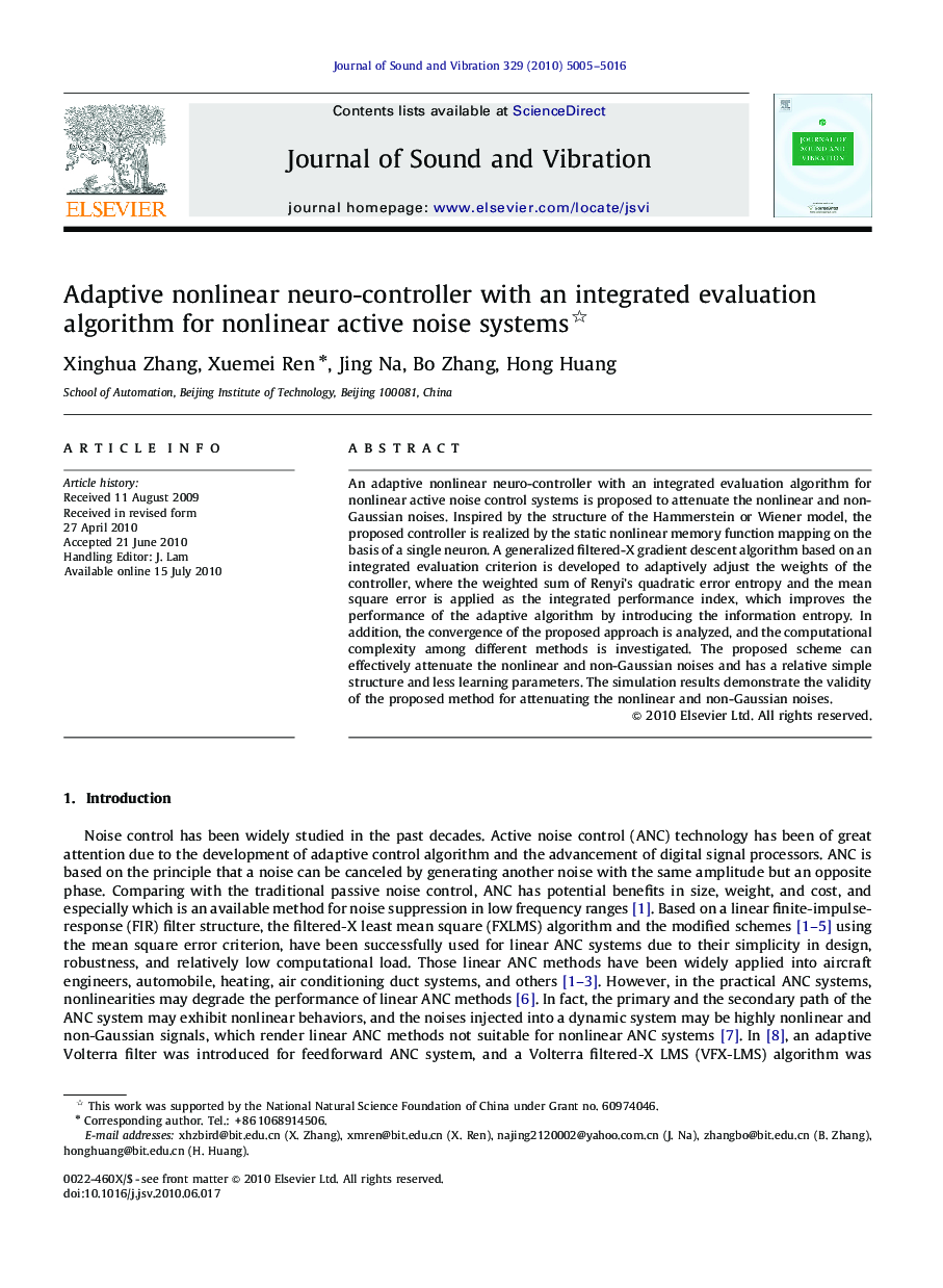 Adaptive nonlinear neuro-controller with an integrated evaluation algorithm for nonlinear active noise systems 