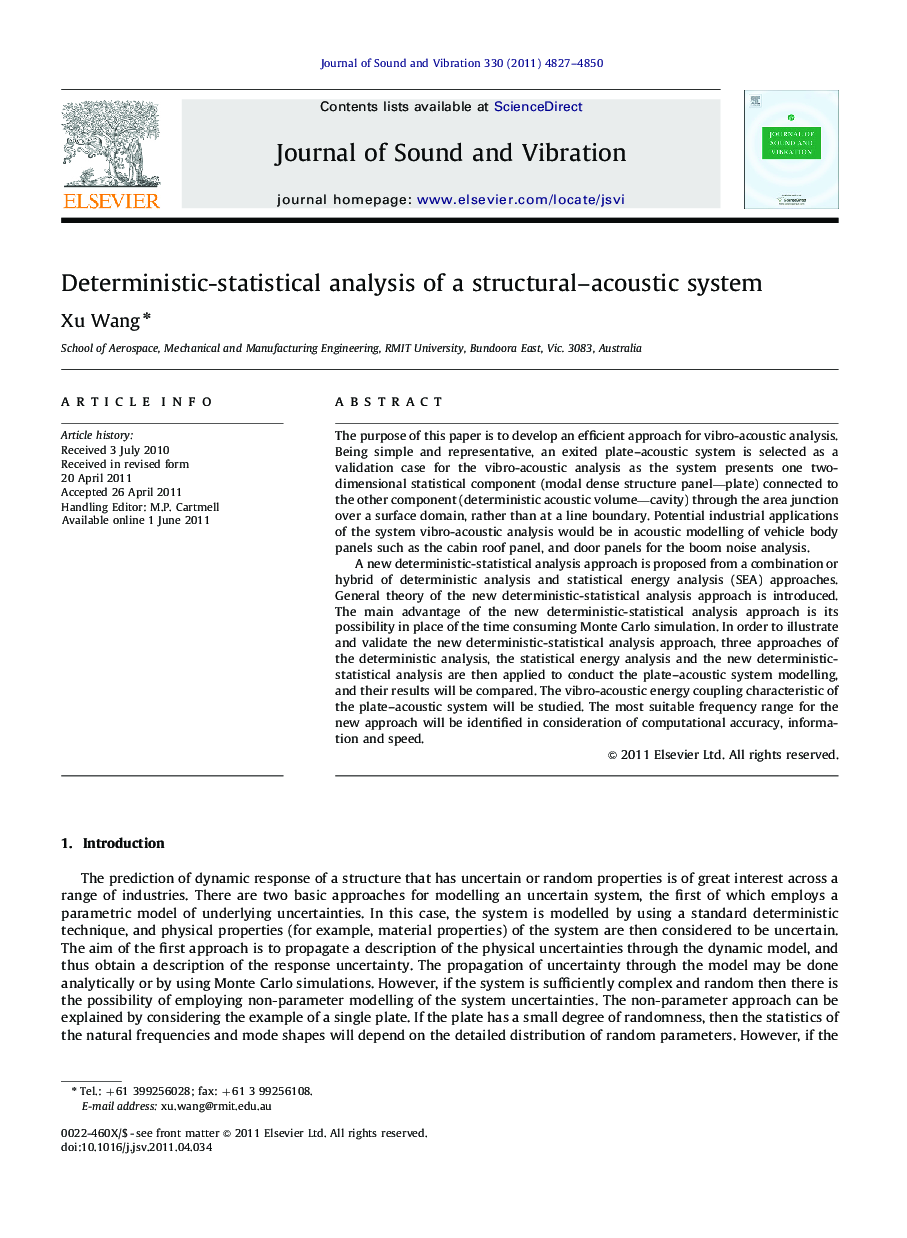 عکس صفحه اول مقاله: Deterministic-statistical analysis of a structural–acoustic system Deterministic-statistical analysis of a structural–acoustic system