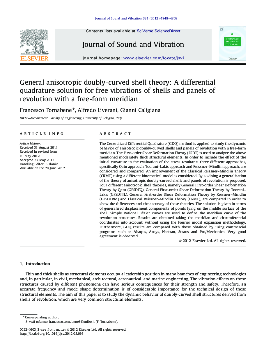 General anisotropic doubly-curved shell theory: A differential quadrature solution for free vibrations of shells and panels of revolution with a free-form meridian