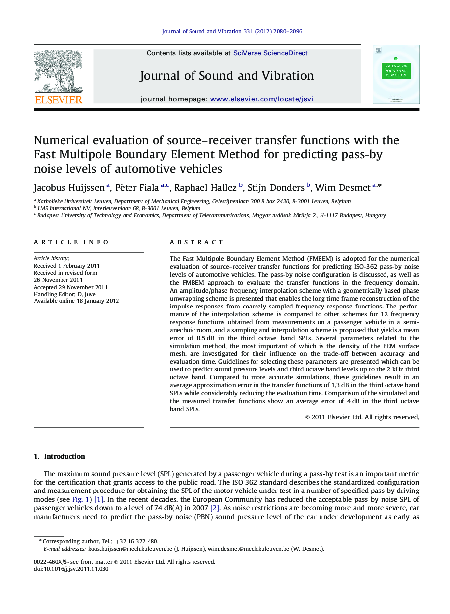 Numerical evaluation of source–receiver transfer functions with the Fast Multipole Boundary Element Method for predicting pass-by noise levels of automotive vehicles