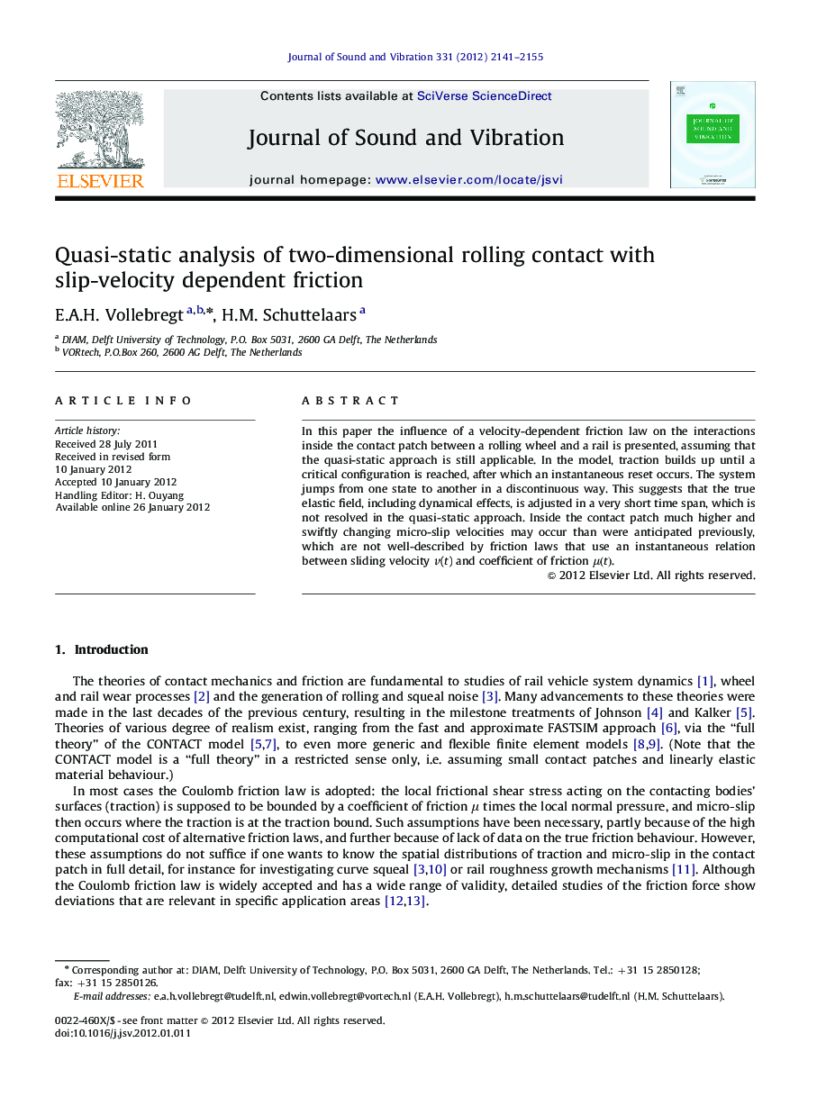 Quasi-static analysis of two-dimensional rolling contact with slip-velocity dependent friction