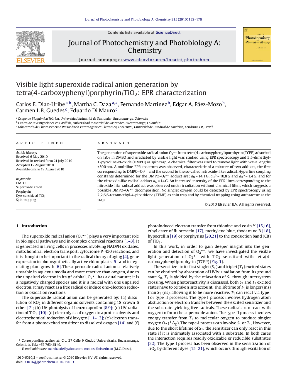 Visible light superoxide radical anion generation by tetra(4-carboxyphenyl)porphyrin/TiO2: EPR characterization