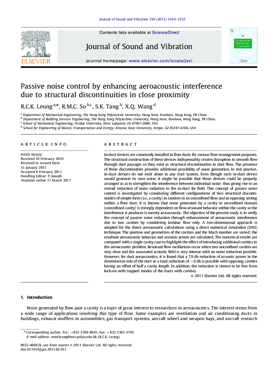 Passive noise control by enhancing aeroacoustic interference due to structural discontinuities in close proximity