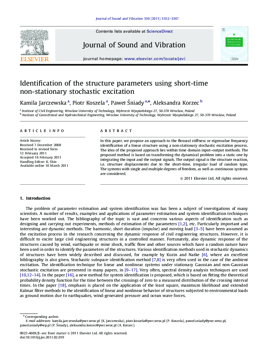 Identification of the structure parameters using short-time non-stationary stochastic excitation