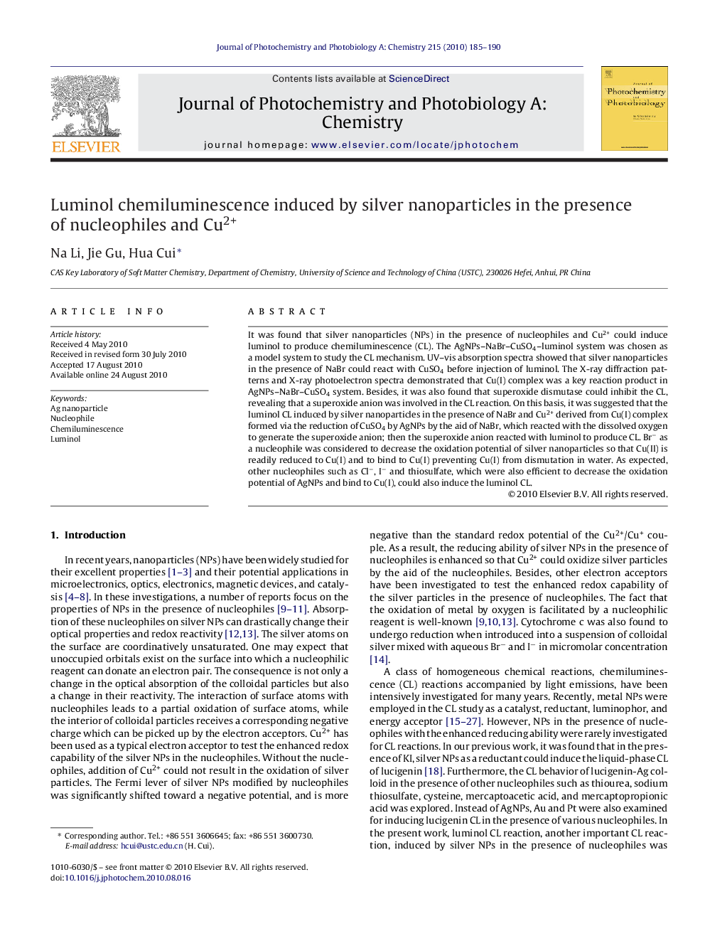 Luminol chemiluminescence induced by silver nanoparticles in the presence of nucleophiles and Cu2+