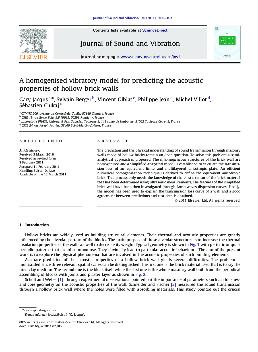 A homogenised vibratory model for predicting the acoustic properties of hollow brick walls