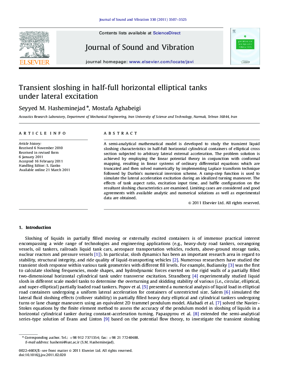 عکس صفحه اول مقاله: Transient sloshing in half-full horizontal elliptical tanks under lateral excitation Transient sloshing in half-full horizontal elliptical tanks under lateral excitation