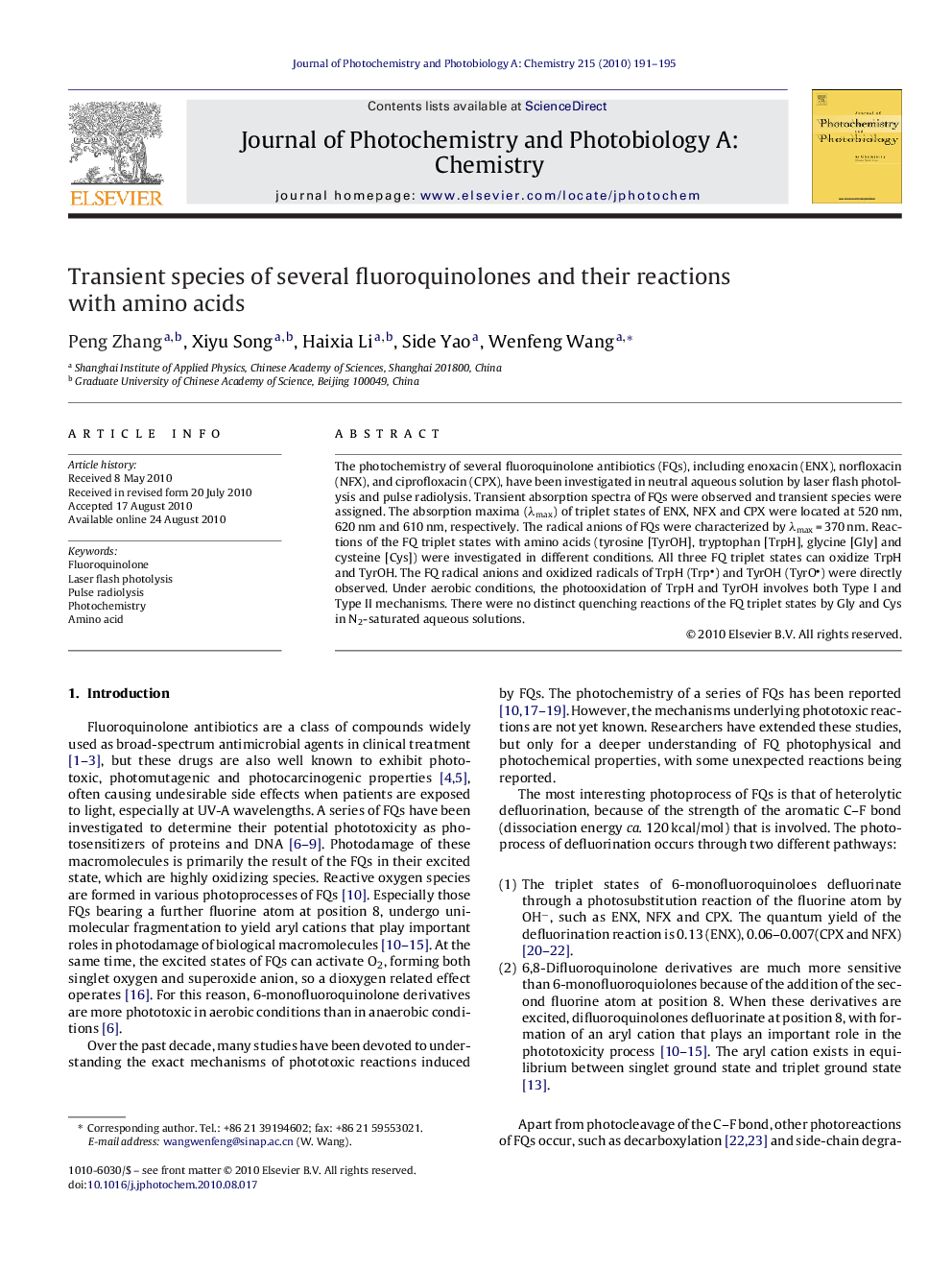 Transient species of several fluoroquinolones and their reactions with amino acids