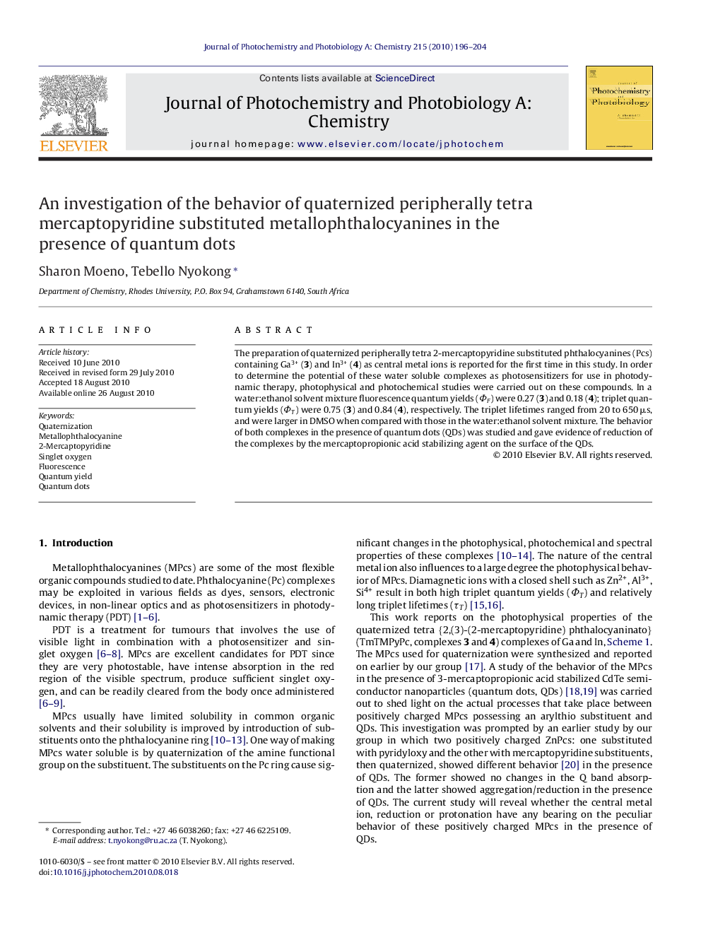 An investigation of the behavior of quaternized peripherally tetra mercaptopyridine substituted metallophthalocyanines in the presence of quantum dots