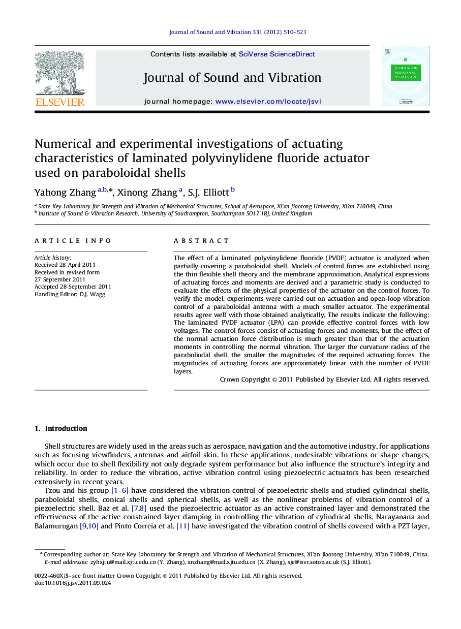 Numerical and experimental investigations of actuating characteristics of laminated polyvinylidene fluoride actuator used on paraboloidal shells