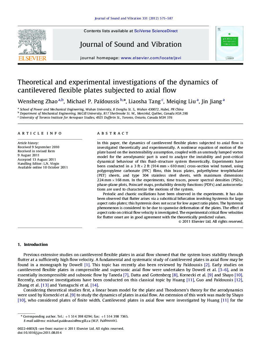 Theoretical and experimental investigations of the dynamics of cantilevered flexible plates subjected to axial flow