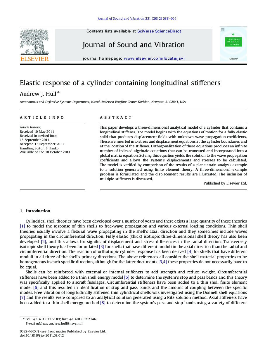 Elastic response of a cylinder containing longitudinal stiffeners