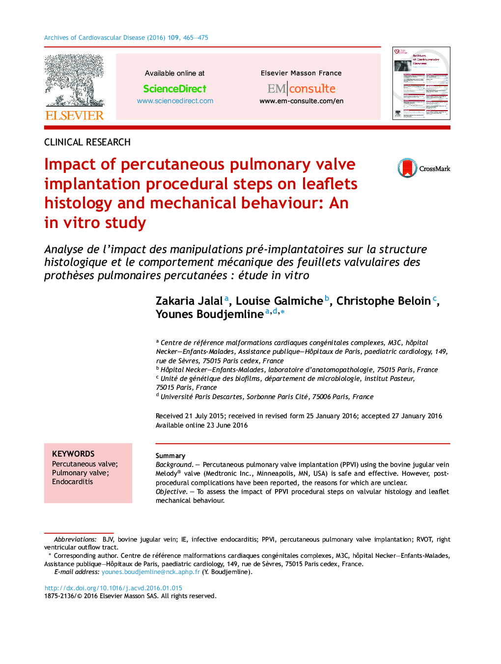 Impact of percutaneous pulmonary valve implantation procedural steps on leaflets histology and mechanical behaviour: An in vitro study