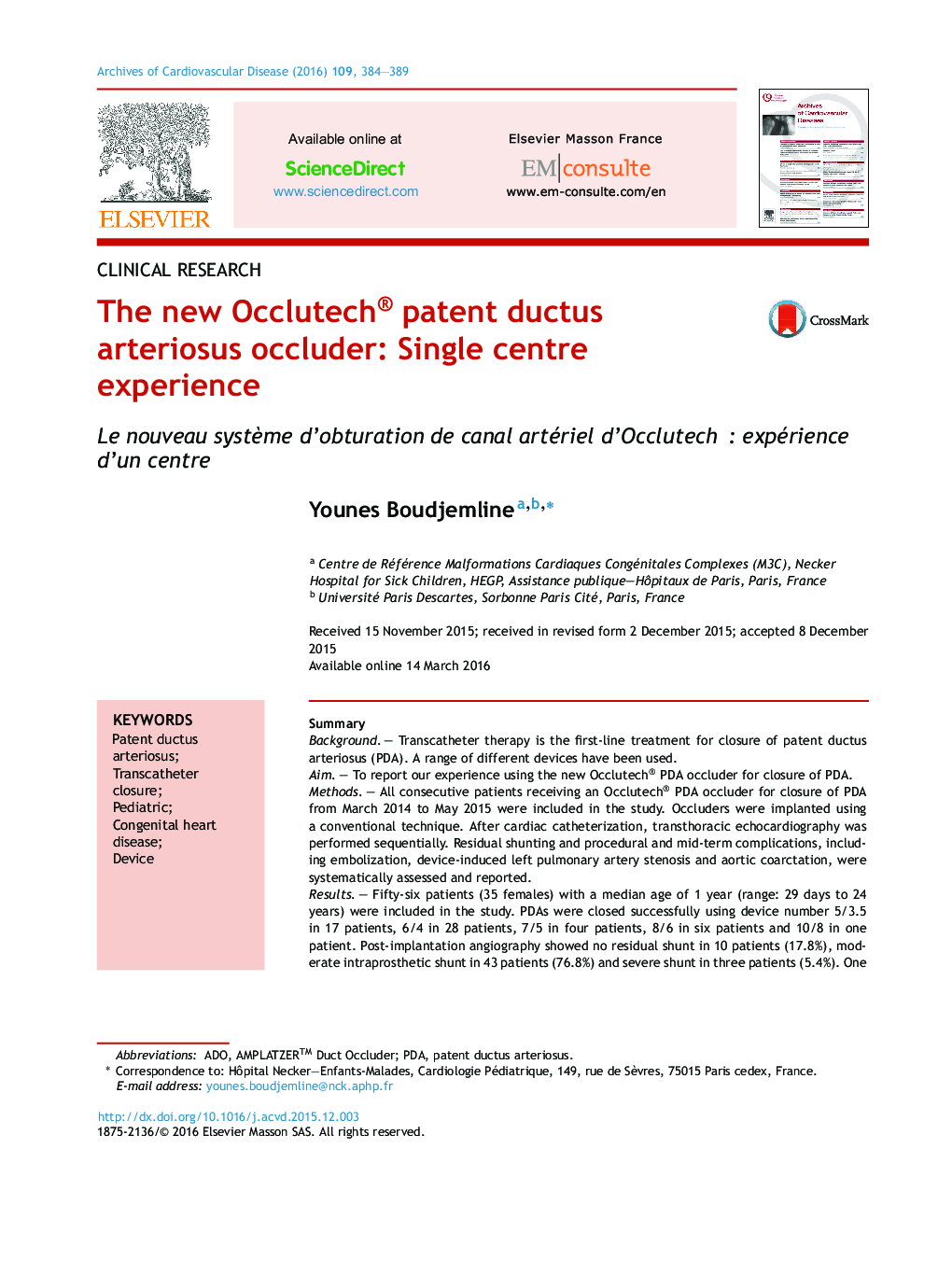 The new Occlutech® patent ductus arteriosus occluder: Single centre experience