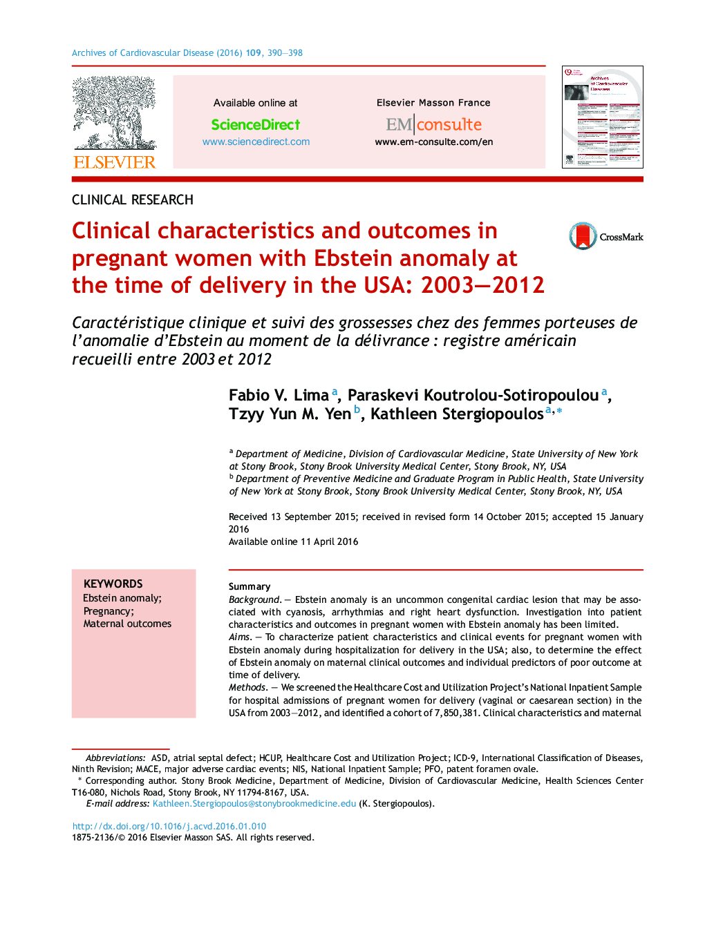 Clinical characteristics and outcomes in pregnant women with Ebstein anomaly at the time of delivery in the USA: 2003–2012