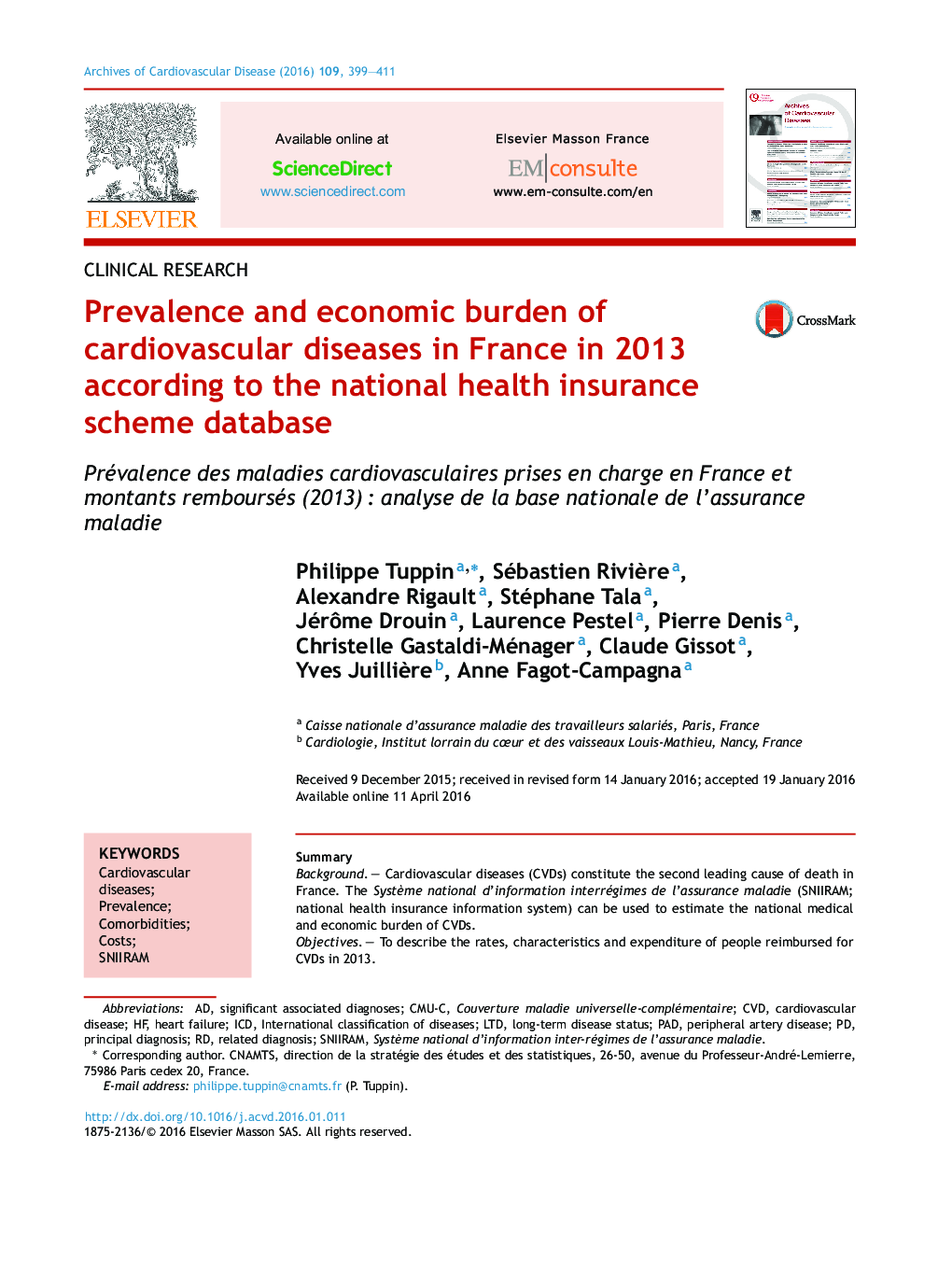 Prevalence and economic burden of cardiovascular diseases in France in 2013 according to the national health insurance scheme database