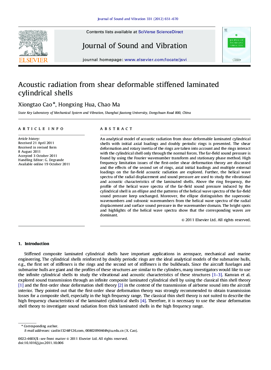 Acoustic radiation from shear deformable stiffened laminated cylindrical shells