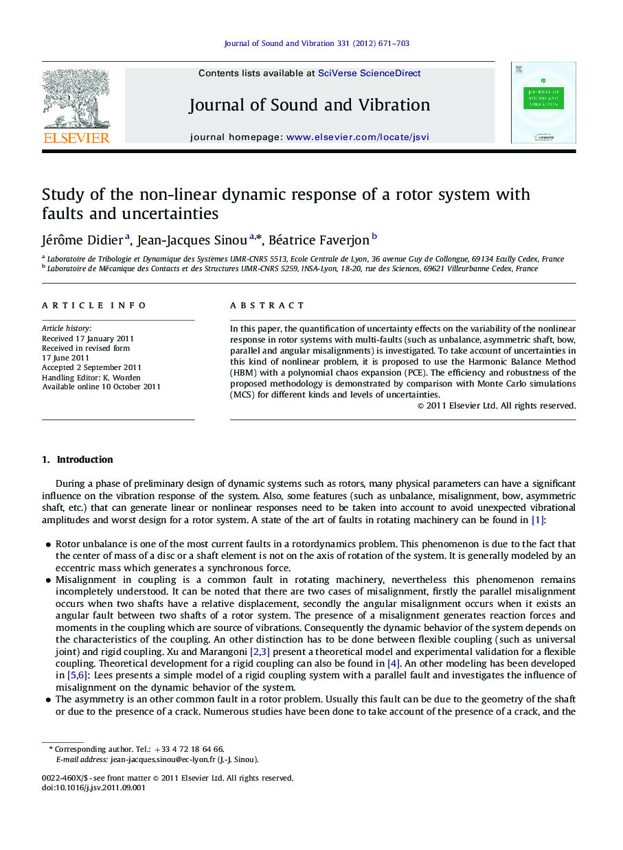 Study of the non-linear dynamic response of a rotor system with faults and uncertainties