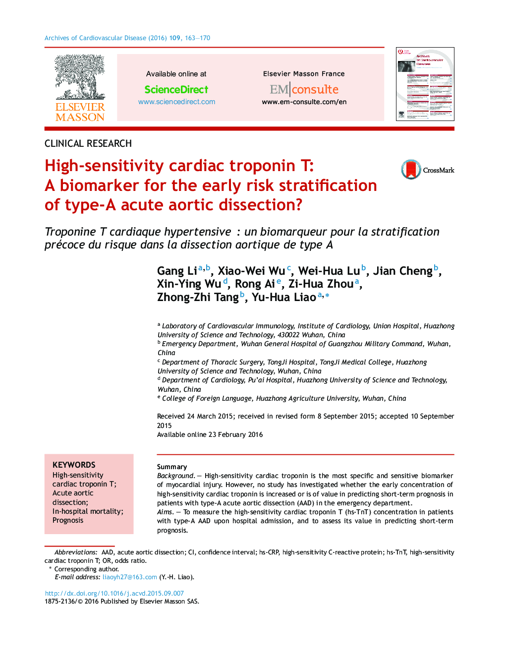 High-sensitivity cardiac troponin T: A biomarker for the early risk stratification of type-A acute aortic dissection?