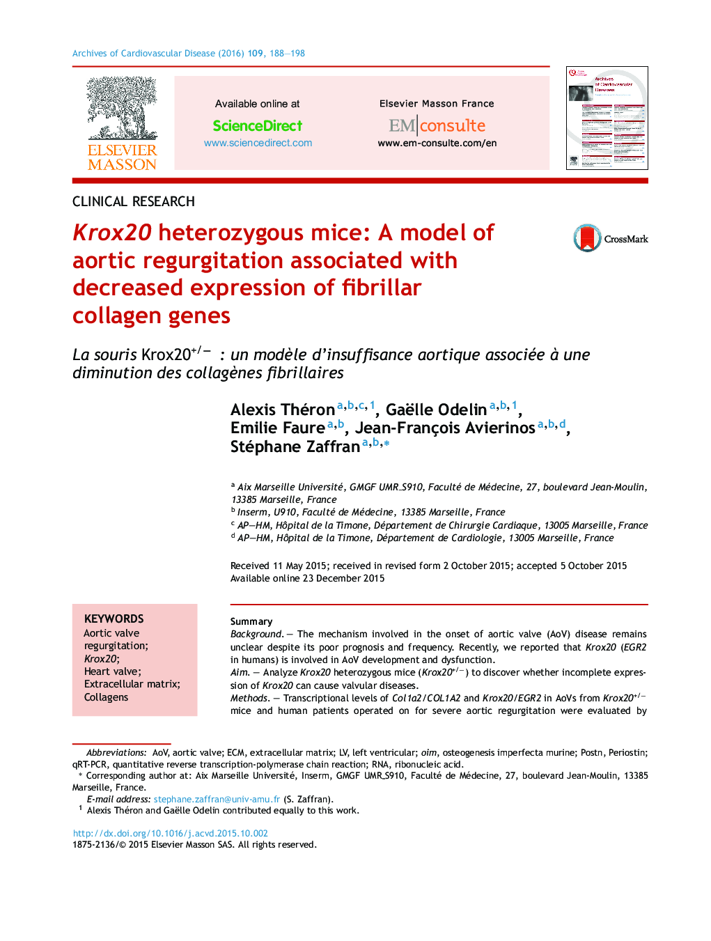 Krox20 heterozygous mice: A model of aortic regurgitation associated with decreased expression of fibrillar collagen genes