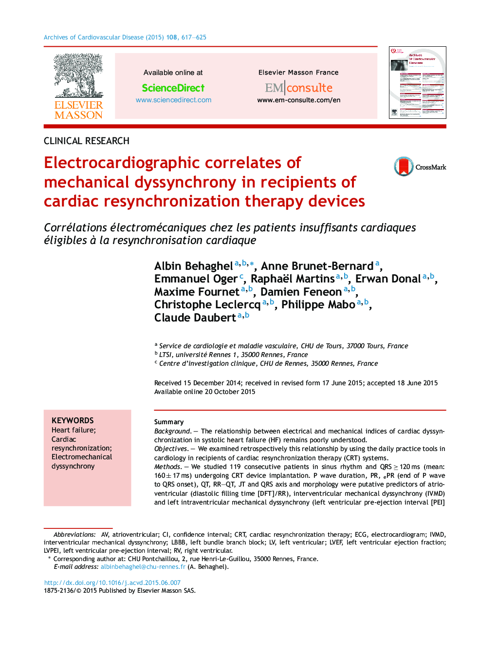 Electrocardiographic correlates of mechanical dyssynchrony in recipients of cardiac resynchronization therapy devices