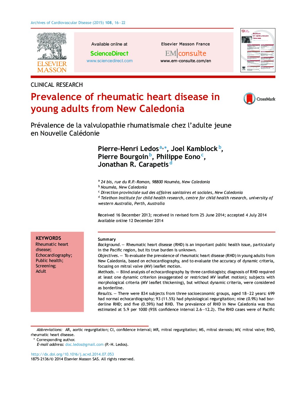 Prevalence of rheumatic heart disease in young adults from New Caledonia