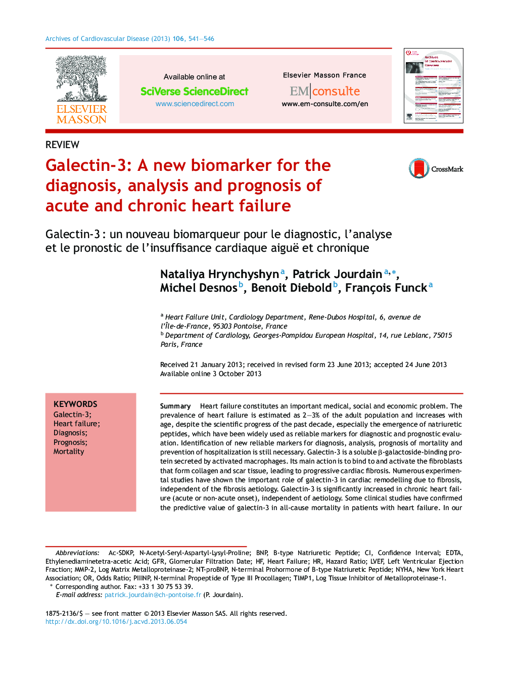 Galectin-3: A new biomarker for the diagnosis, analysis and prognosis of acute and chronic heart failure