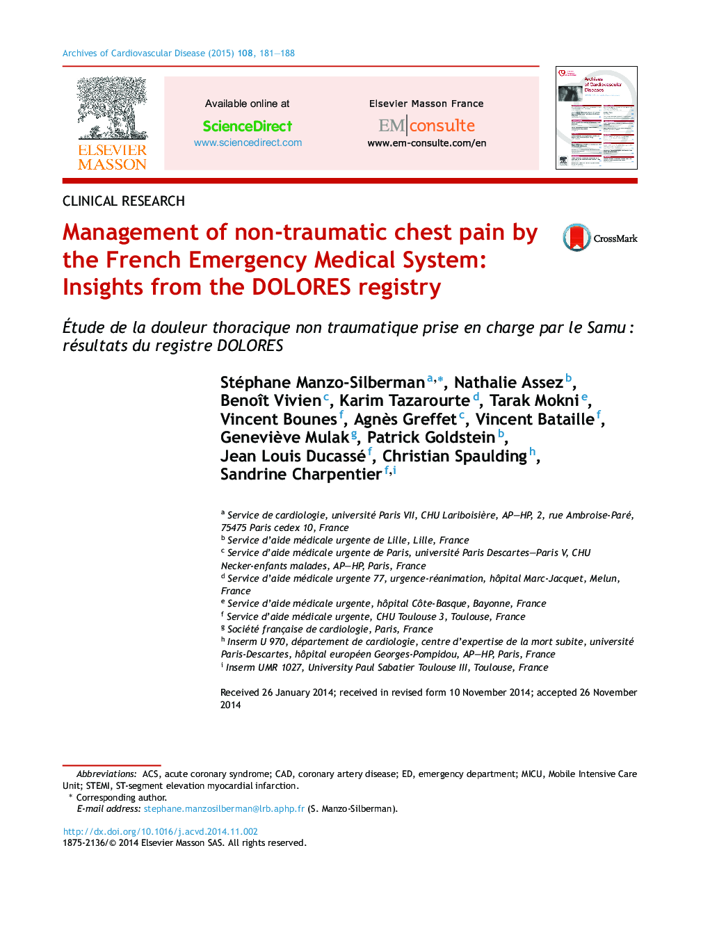 Management of non-traumatic chest pain by the French Emergency Medical System: Insights from the DOLORES registry